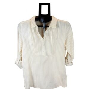 Cynthia Rowley Off White & Yellow Striped 100% Linen Tuxedo Tunic Top Sz S Chic